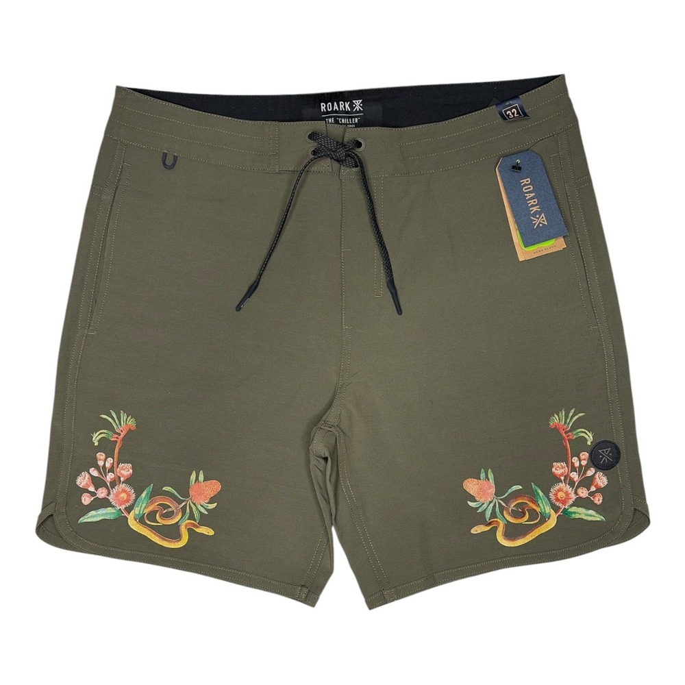Roark The Chiller Boardshorts Mens 32 Olive Green Hemp Blend Snake Floral NWT